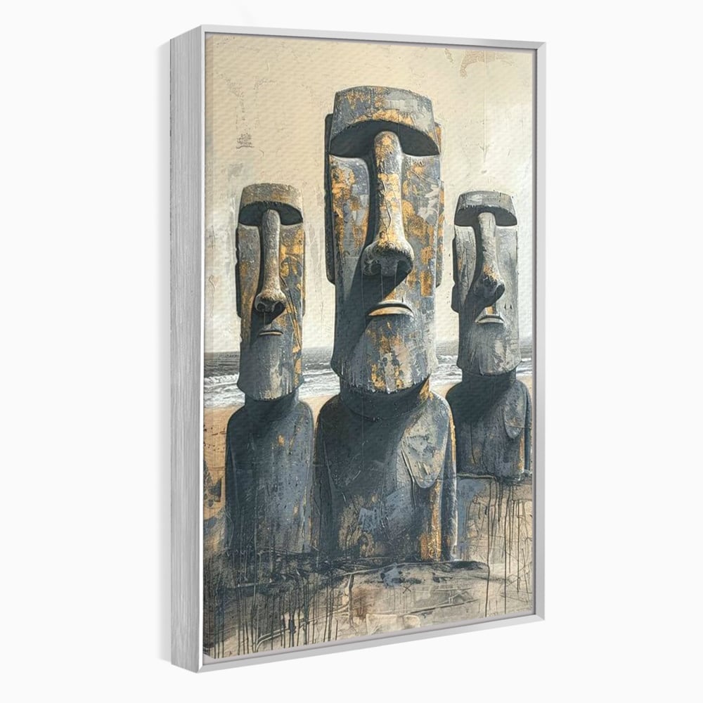 Tablou canvas cu statui moai din piatra, in rama de aluminiu argintiu